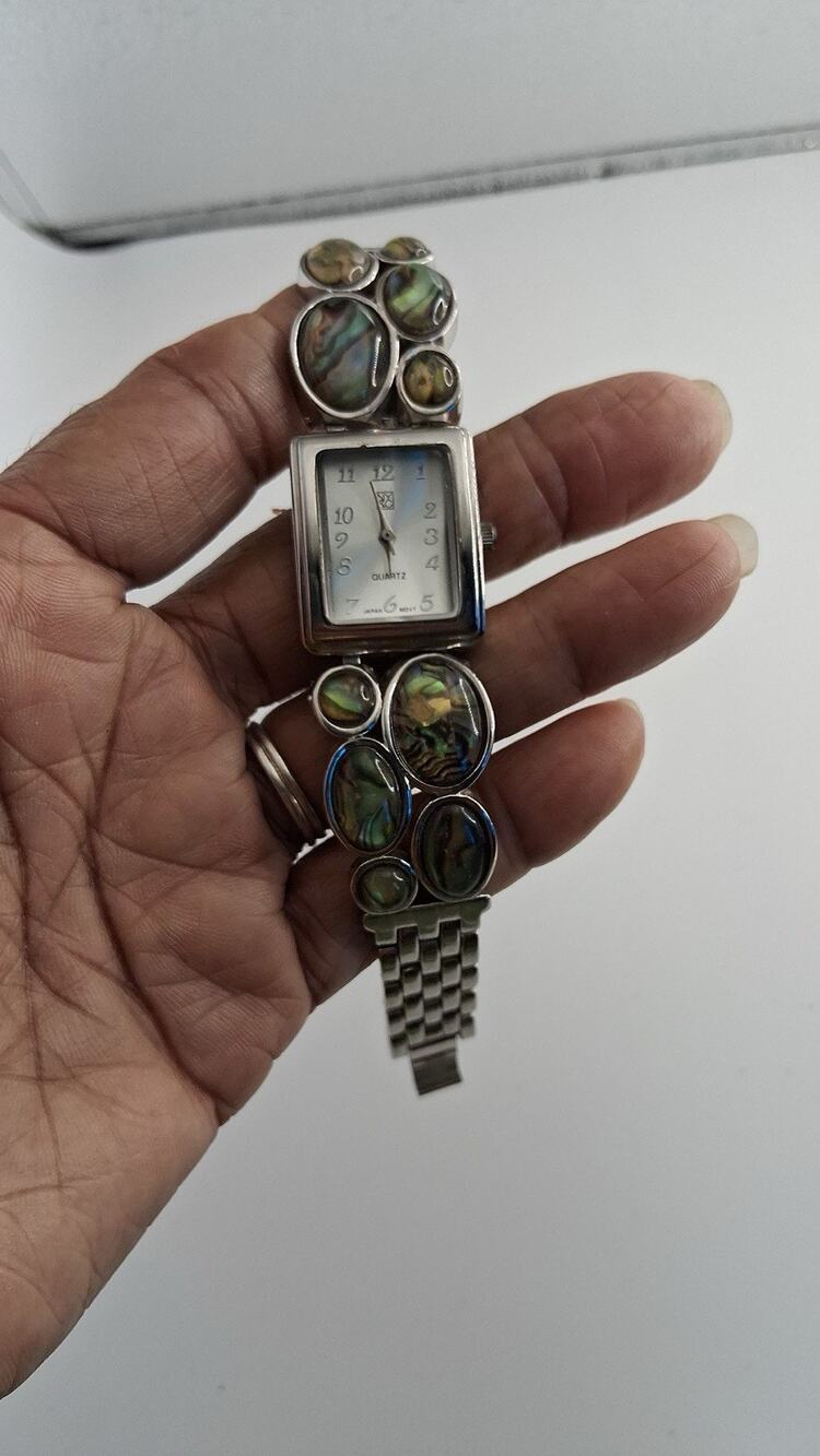 NY&C Womens Silver Tone Watch Abalone Shell Cabochons Mother of Pearl Dial NYC